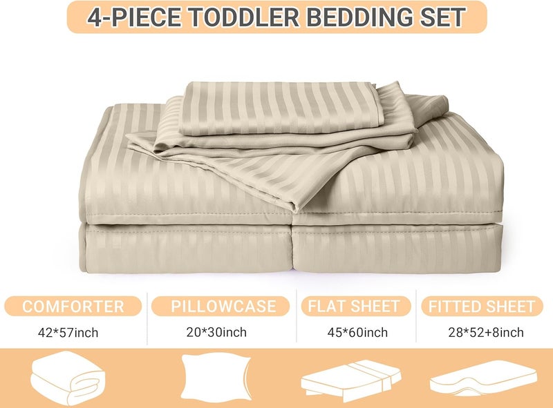 ZPECC Toddler Bedding Set - 4 Piece Hypoallergenic Baby Crib Bedding Set for Boys and Girls, Includes Toddler Comforter, Flat Sheet, Fitted Sheet and Pillowcase, Cream Stripe - Image 2